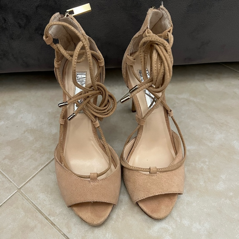 INC Lace up Peep Toe Heels in Nude/Cream